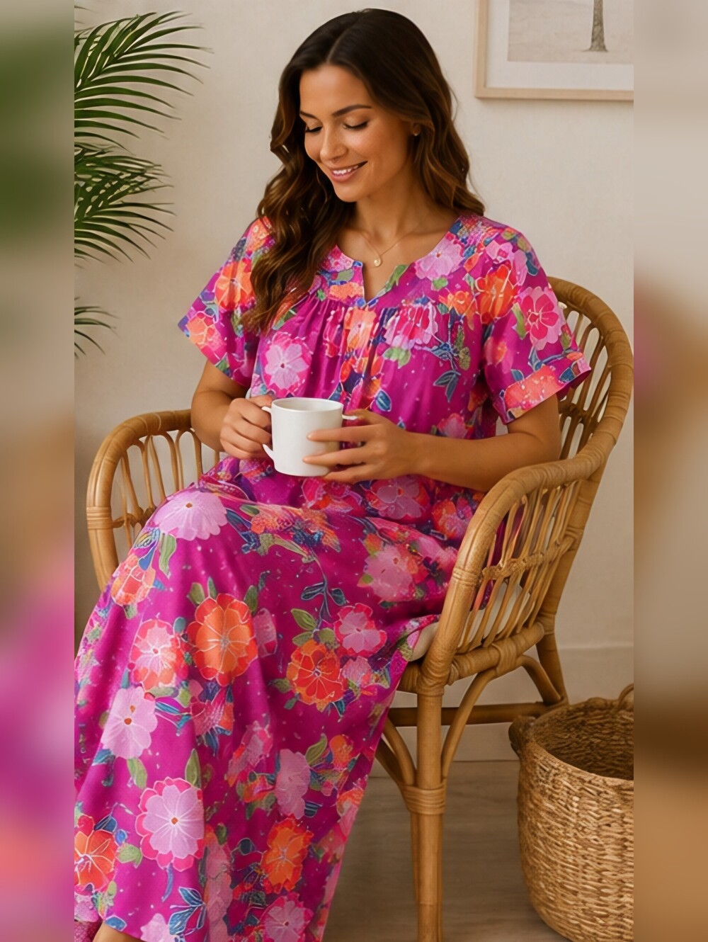 Vintage 1960's Sears Cottagecore Floral House Dress Pink Maxi   Muumuu 16/18  L